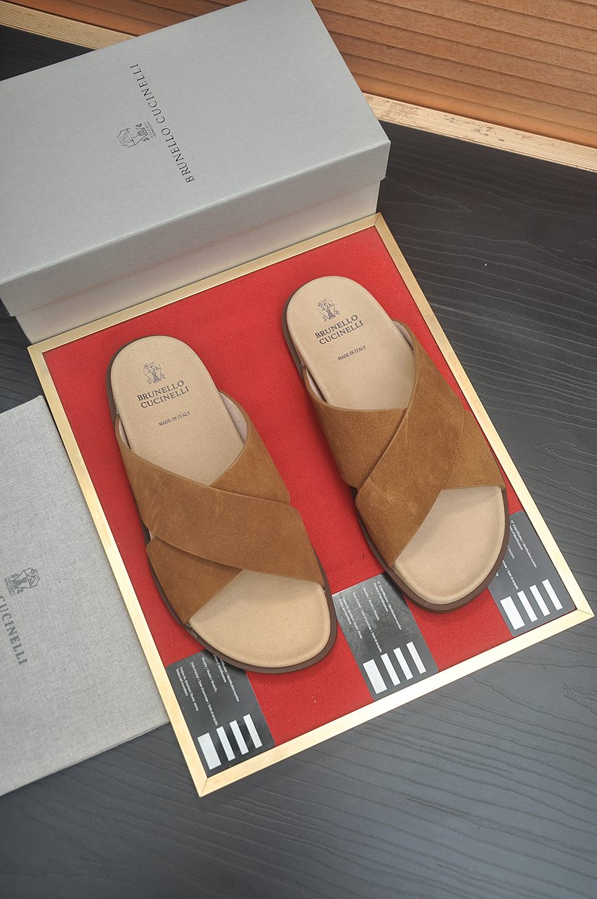 Brunello Cucinelli Cross-Strap Slide Sandals — front