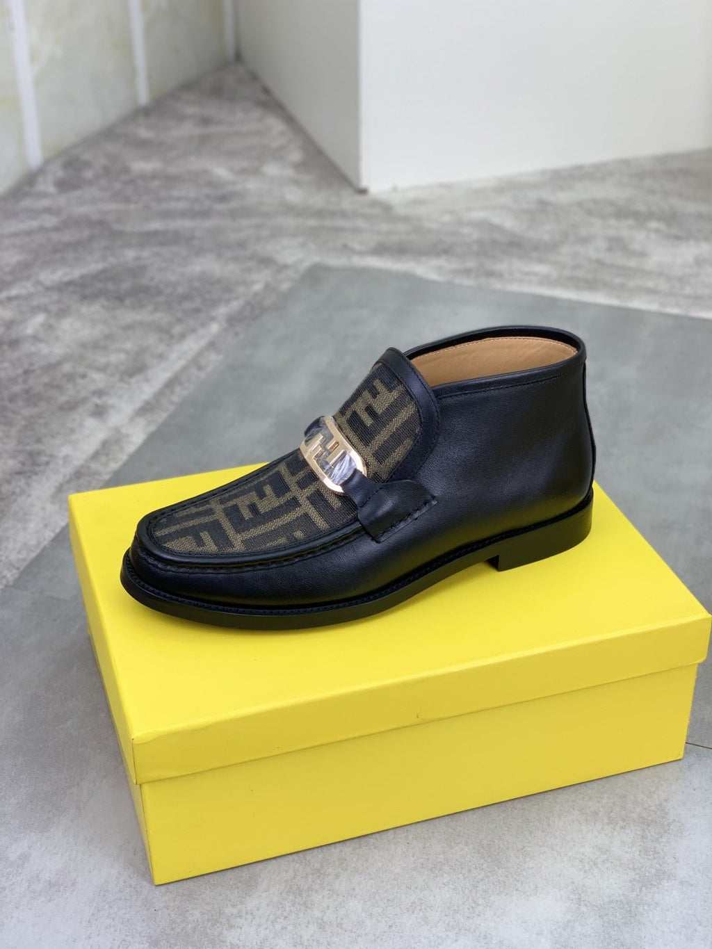 Fendi Black and Brown Monogram Buckle Ankle Boots — side