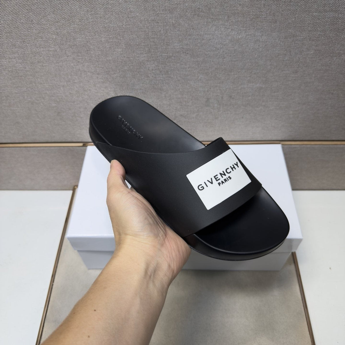 Givenchy Wordmark Patch Slide Sandals — model