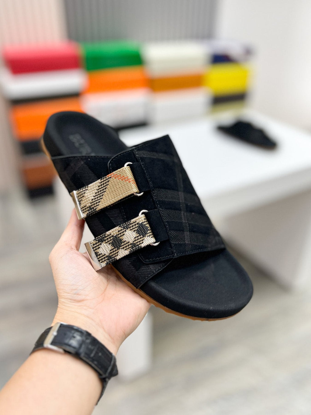Burberry Check Buckle Slide Sandals — model