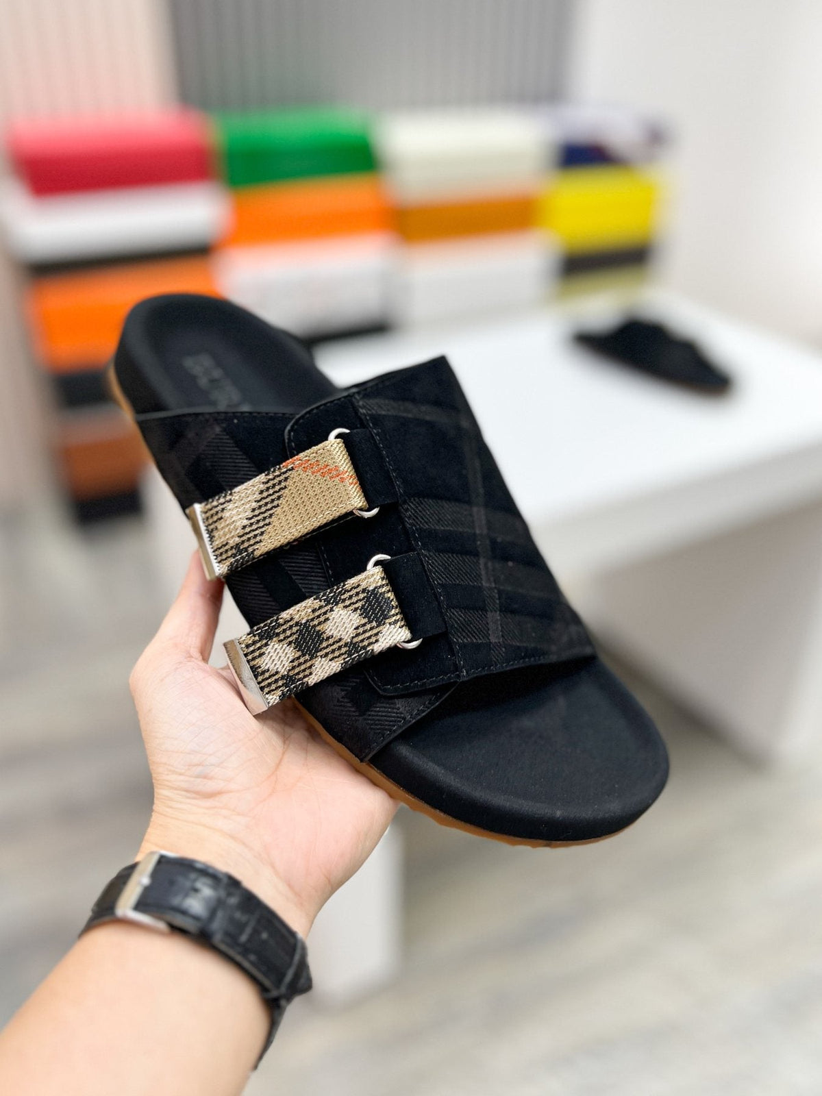 Burberry Check Buckle Slide Sandals — model