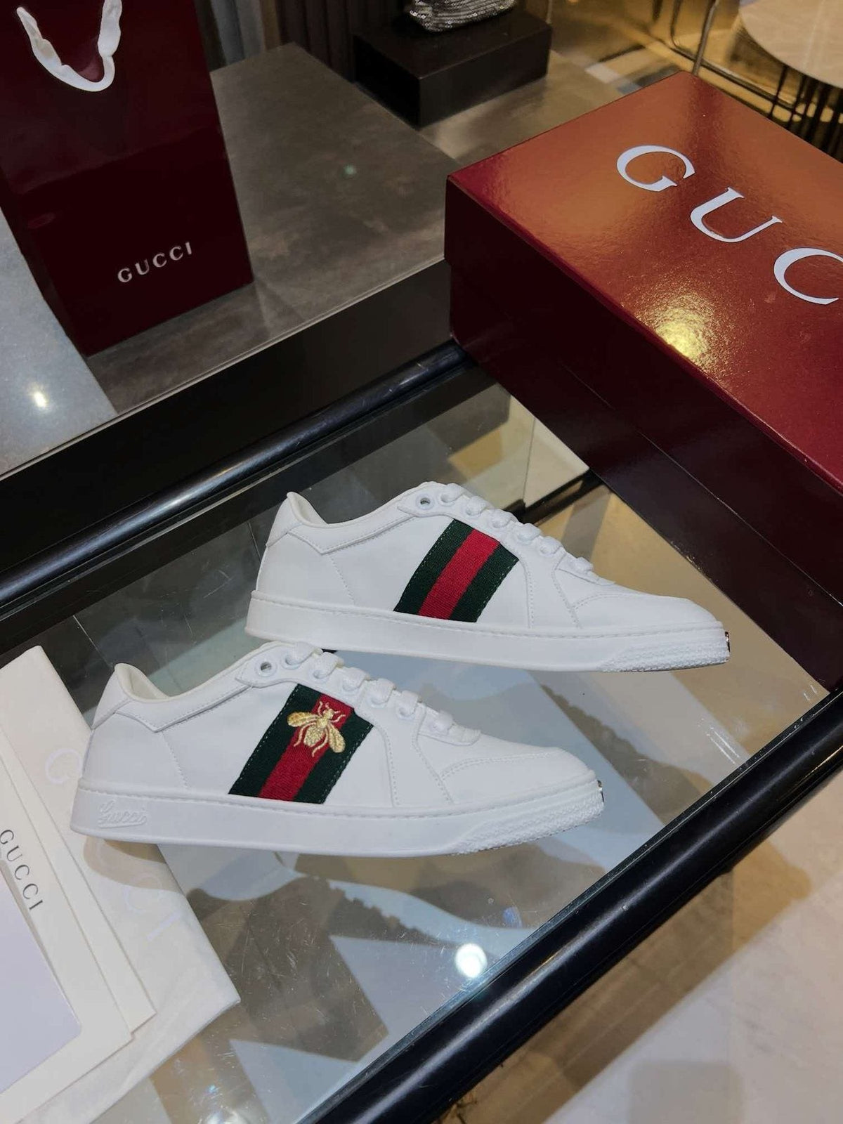 Gucci White Stripe Bee Low-Top Sneakers — side