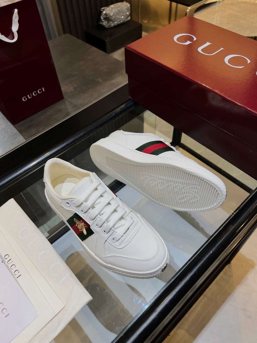 Gucci White Stripe Bee Low-Top Sneakers — side