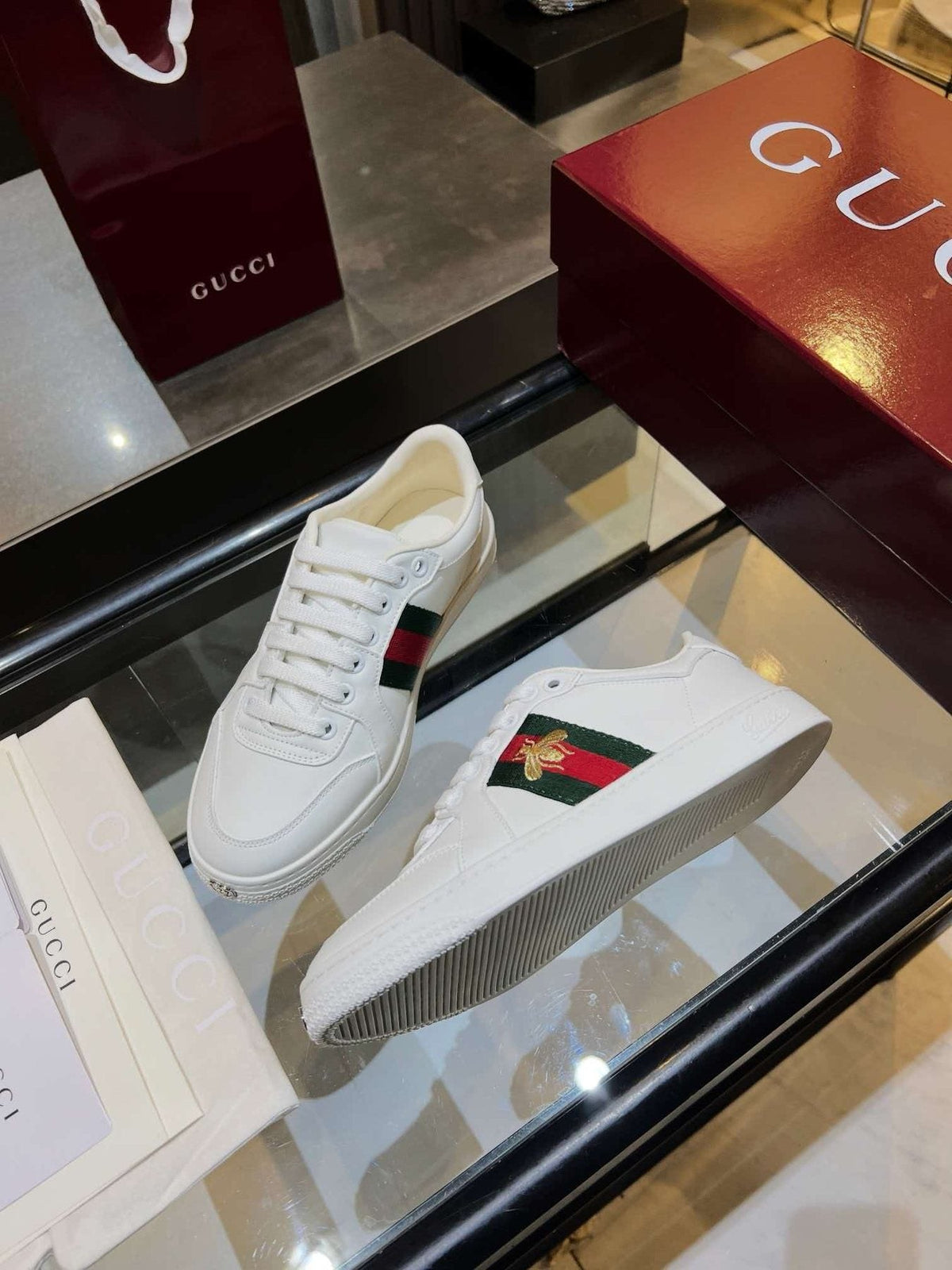 Gucci White Stripe Bee Low-Top Sneakers — side