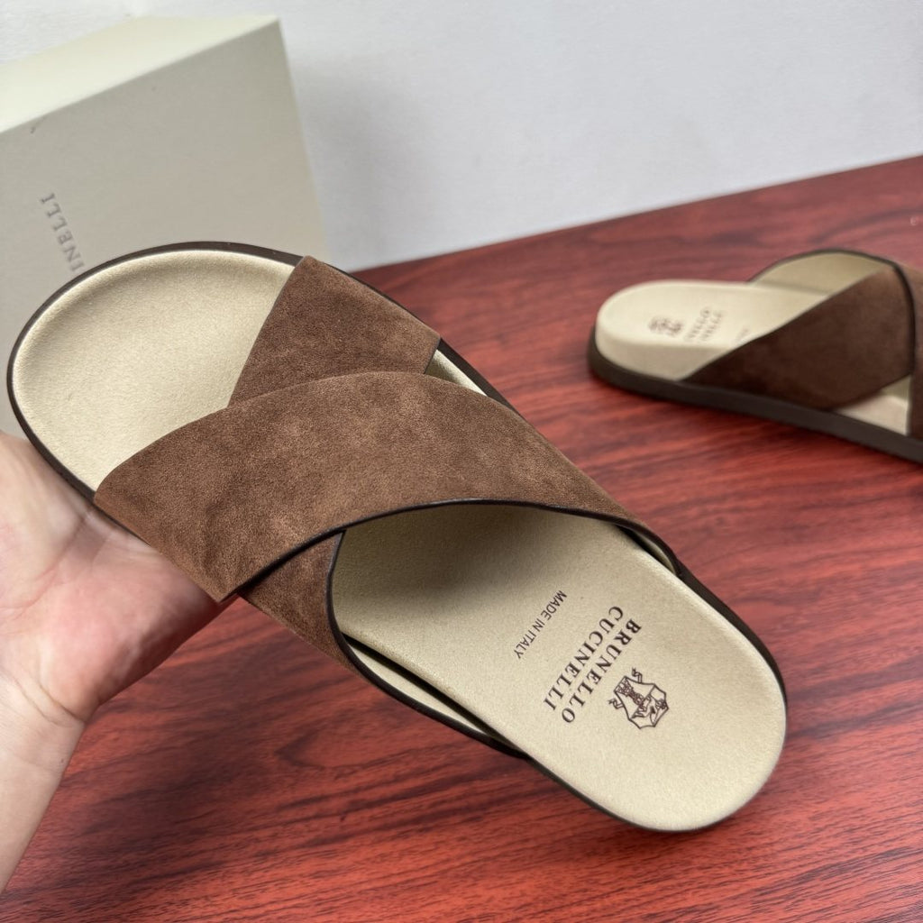 Brunello Cucinelli Cross-Strap Slide Sandals — model