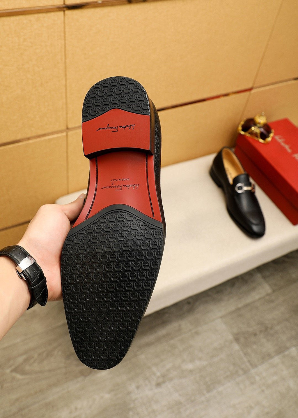 Ferragamo Pebble Leather Buckle Loafers — side