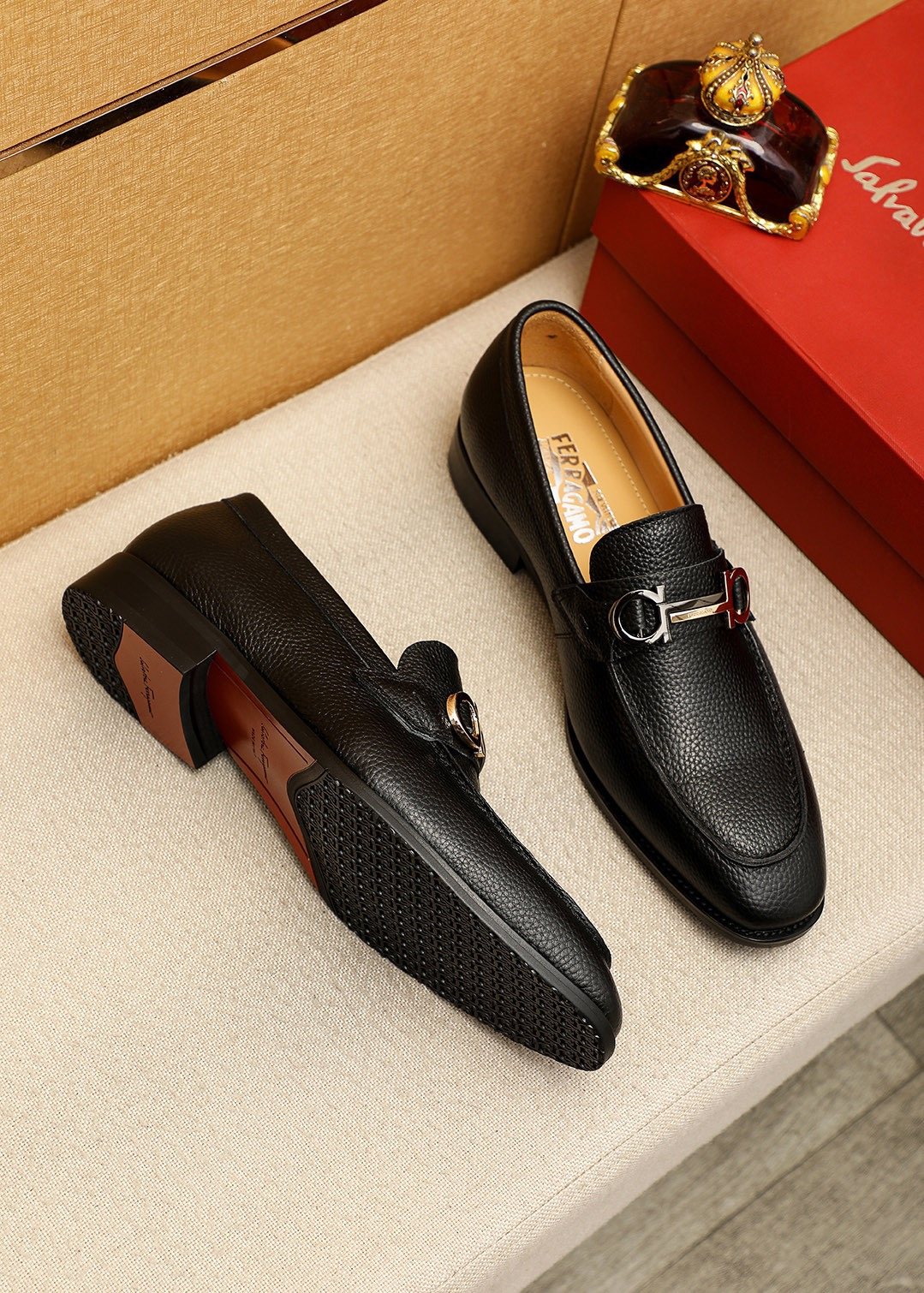 Ferragamo Pebble Leather Buckle Loafers — front