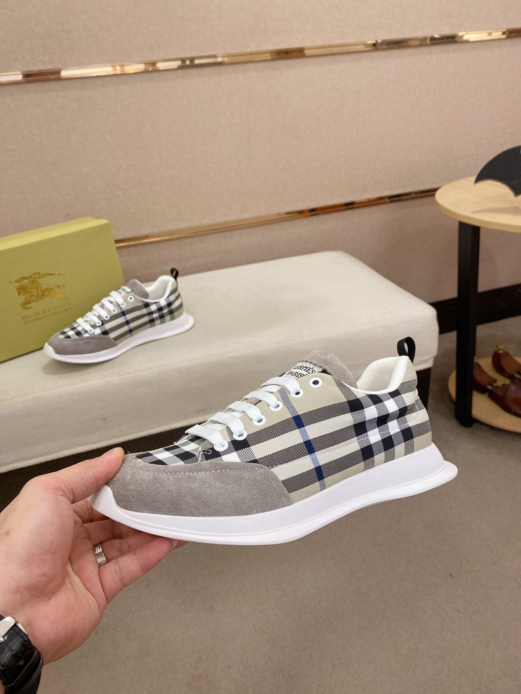 Hermès Gray Plaid Low-Top Sneakers — side