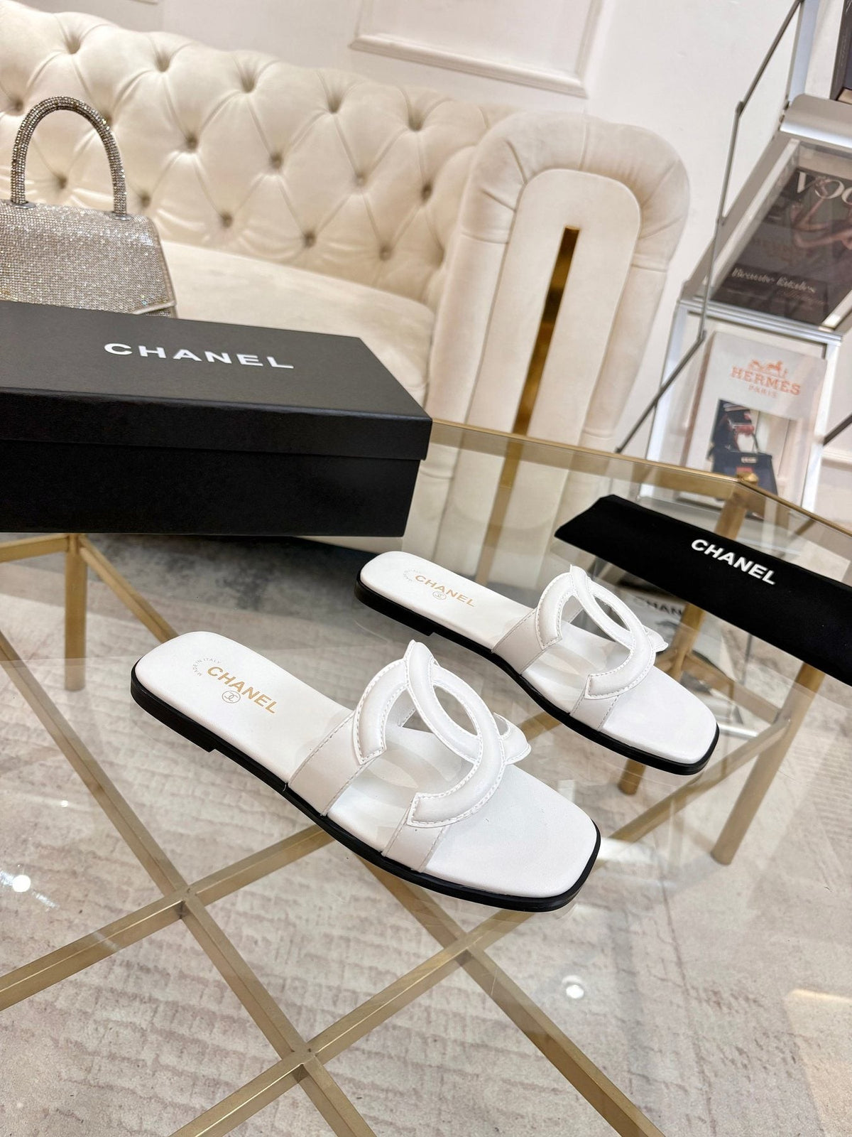 Chanel Embossed Logo Slide Sandals — front
