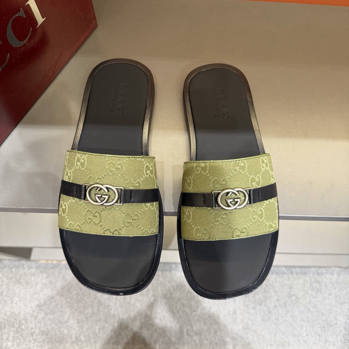 Gucci Beige Patterned Strap Slide Sandals — front