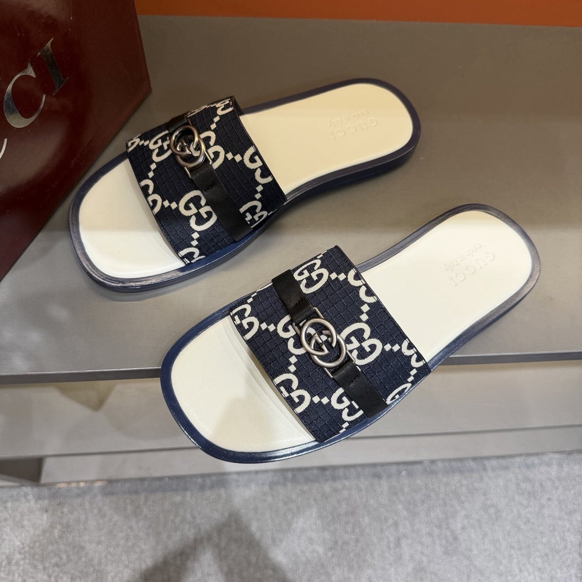 Gucci Beige Patterned Strap Slide Sandals — front
