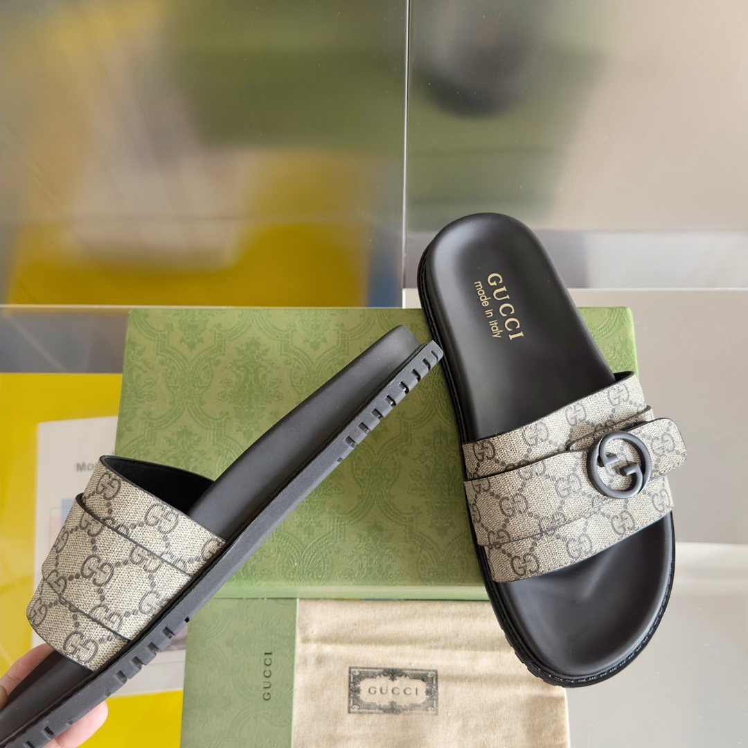 Gucci Beige Monogram Slide Sandals — side