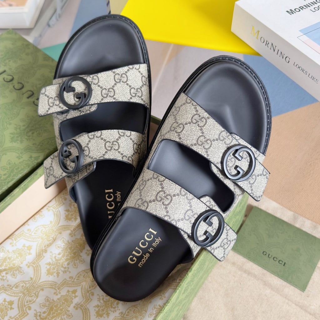 Gucci Beige Monogram Slide Sandals — hero