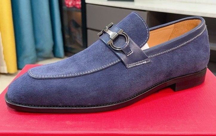 Ferragamo Blue Bit Loafers — front