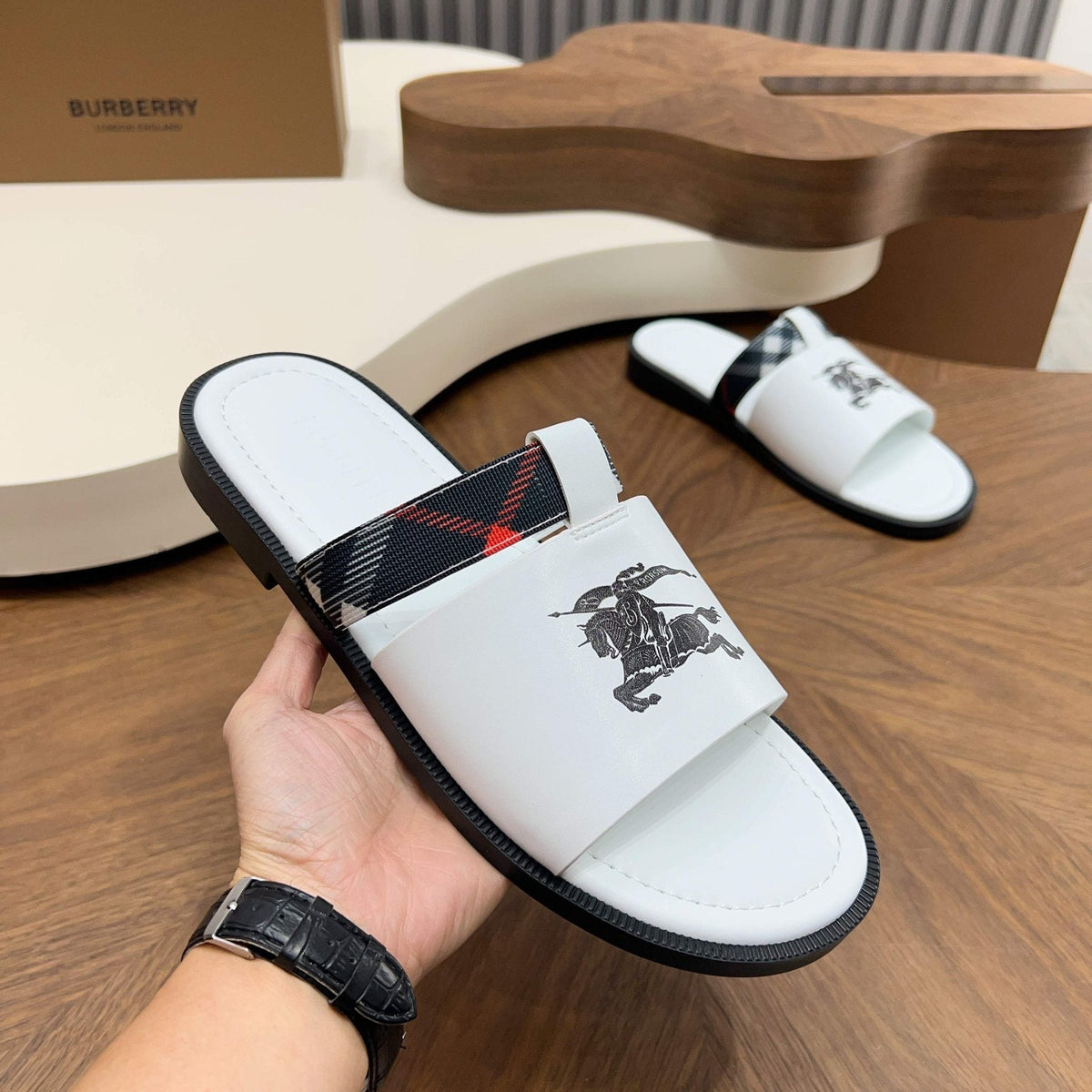 Burberry Plaid-Trim Slide Sandals — model