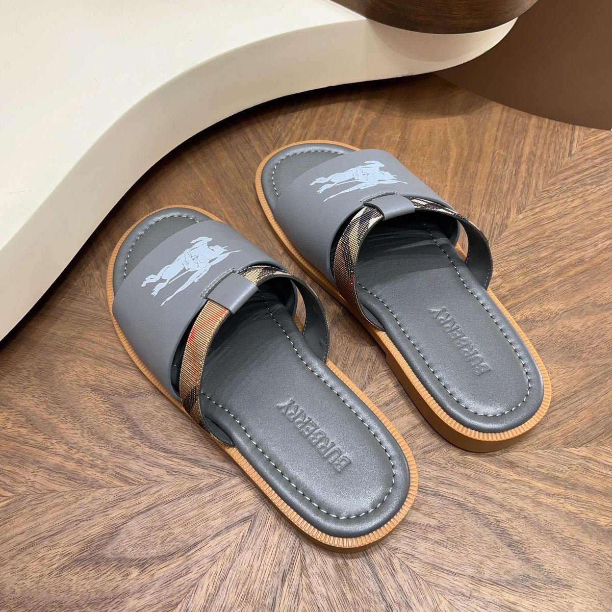 Burberry Plaid-Trim Slide Sandals — front