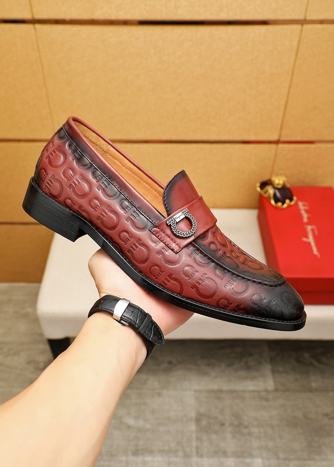 Ferragamo Embossed Buckle Loafers — model