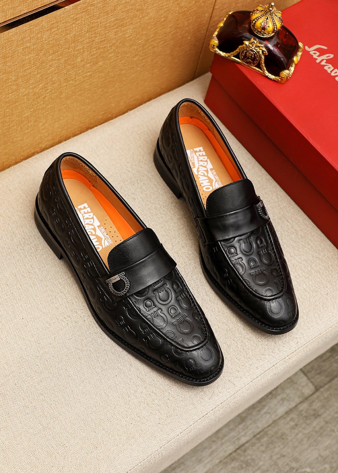 Ferragamo Embossed Buckle Loafers — front