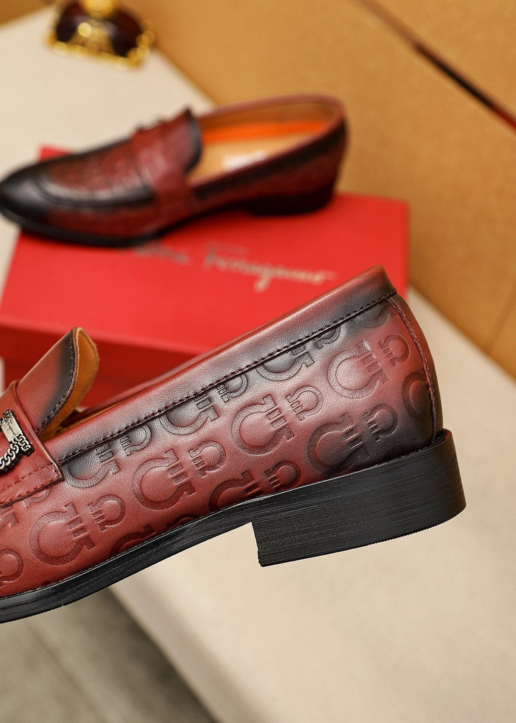 Ferragamo Embossed Buckle Loafers — detail