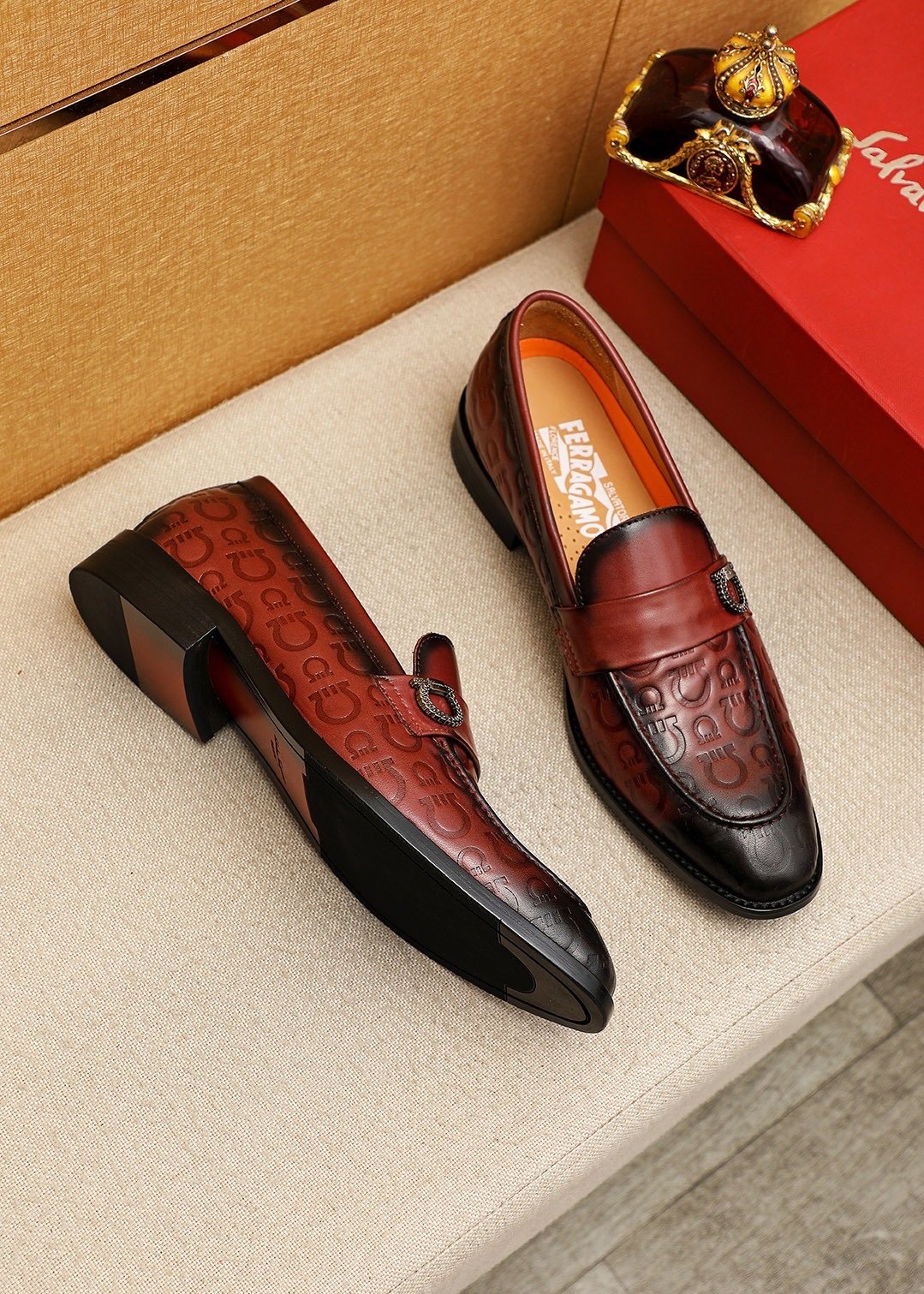 Ferragamo Embossed Buckle Loafers — front