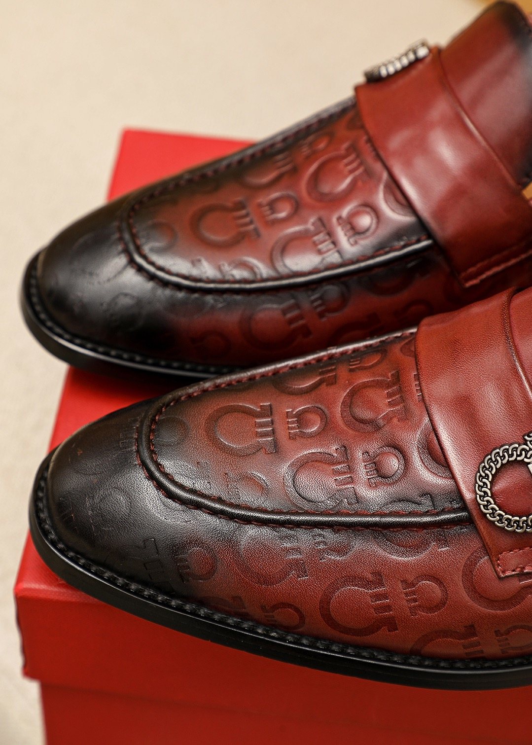 Ferragamo Embossed Buckle Loafers — detail