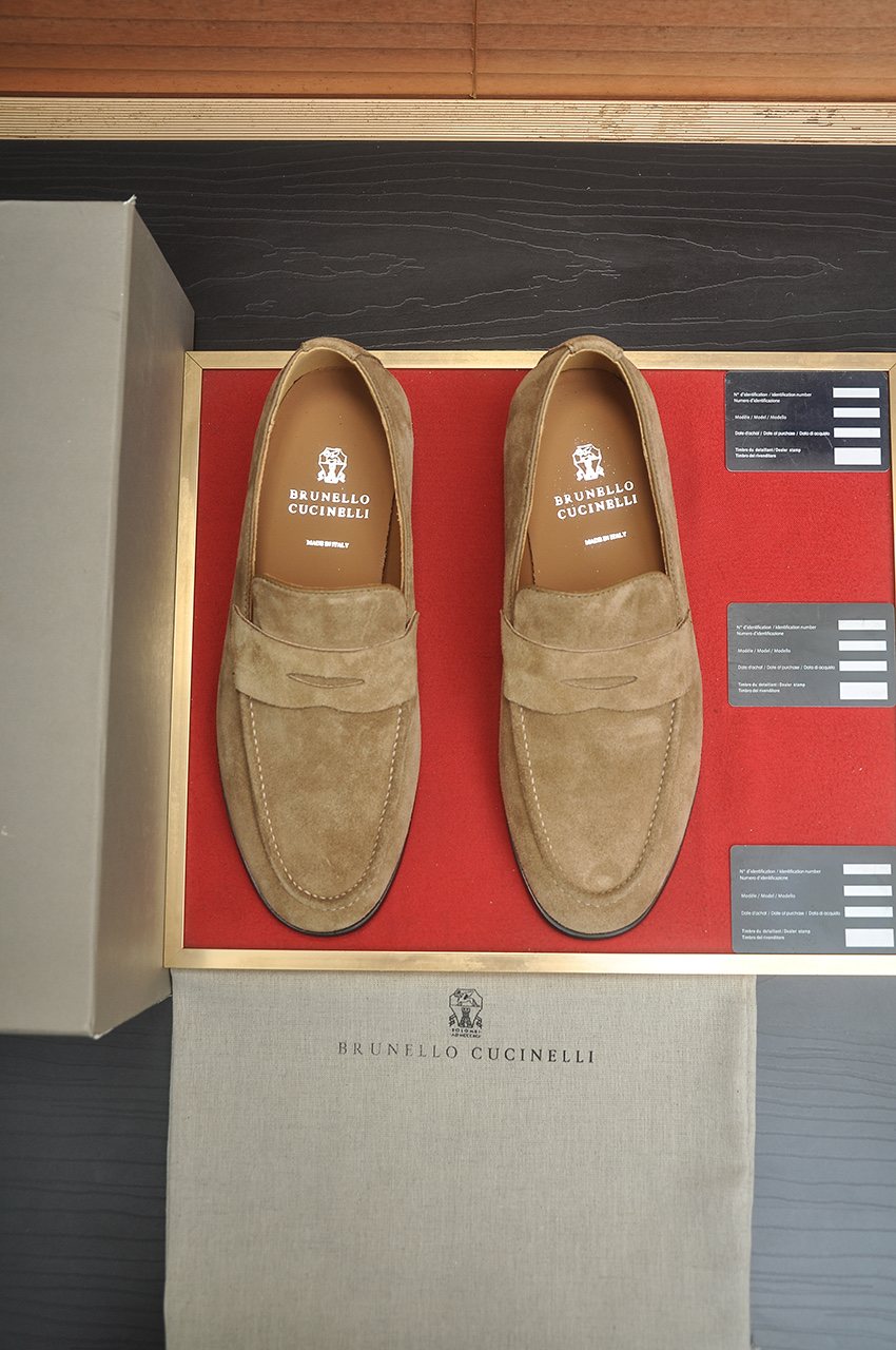 Brunello Cucinelli Suede Penny Loafers — front