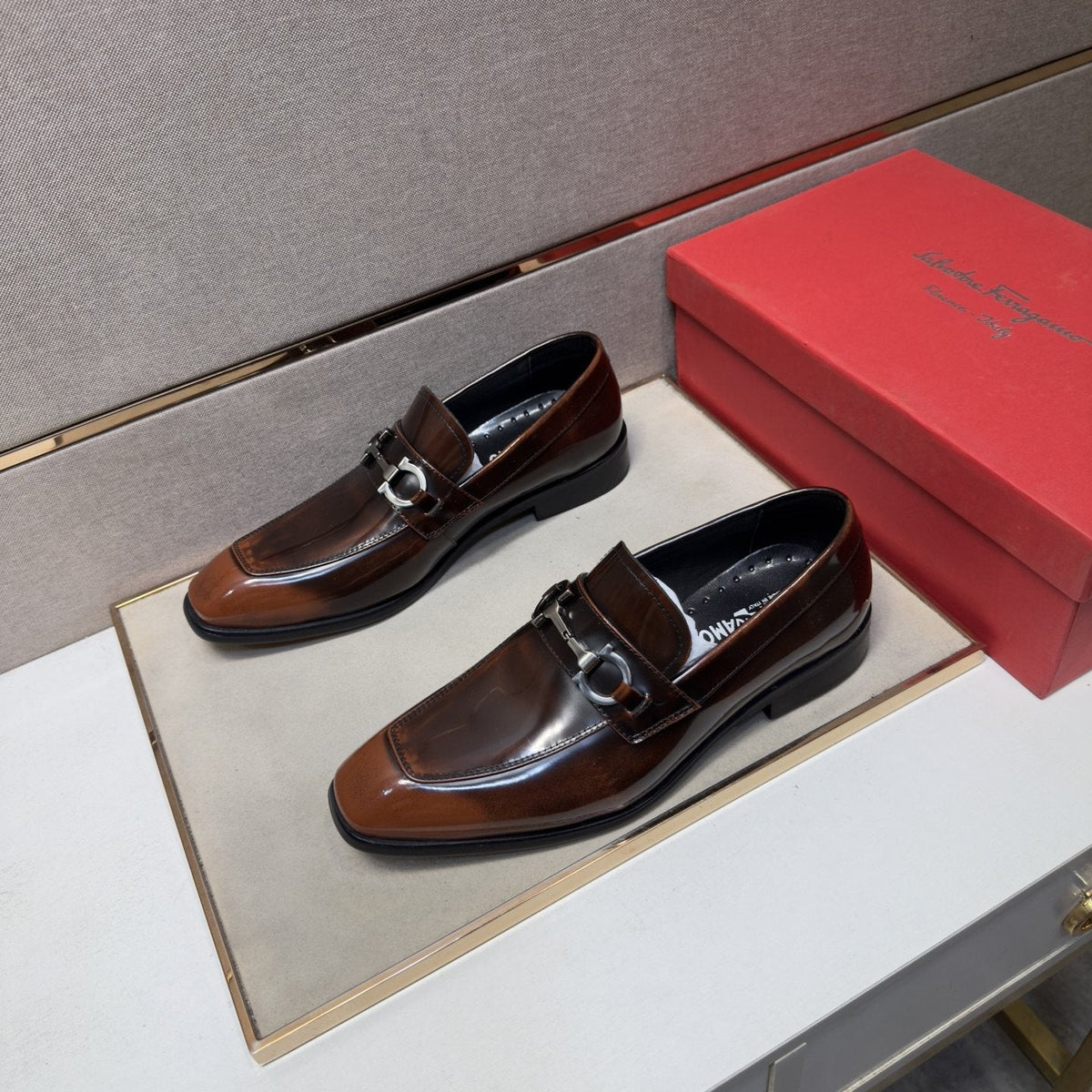 Ferragamo Brown Buckle Loafers — front