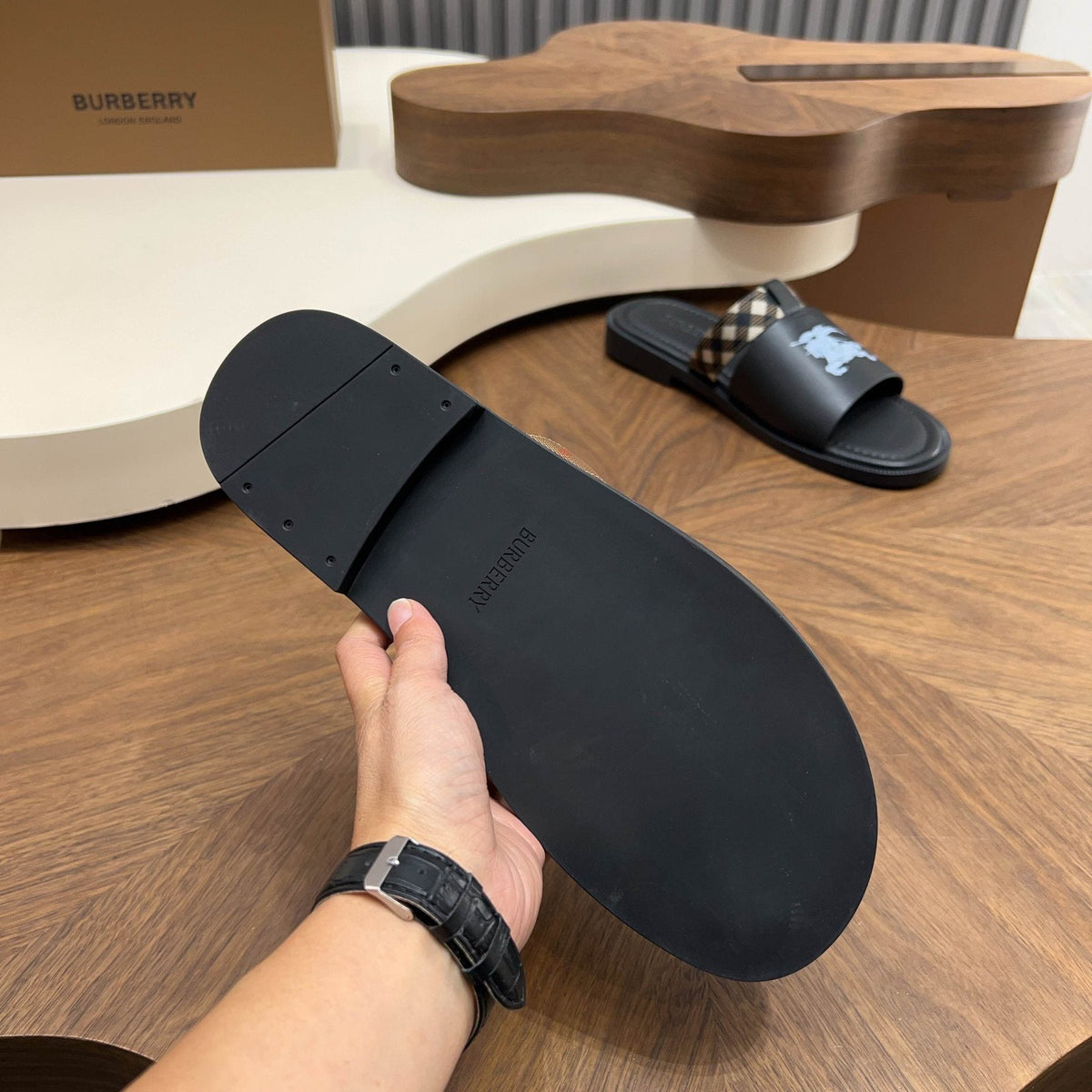 Burberry Checked Accent Slide Sandals — back