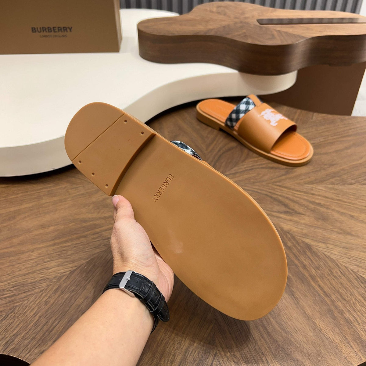 Burberry Checked Accent Slide Sandals — side