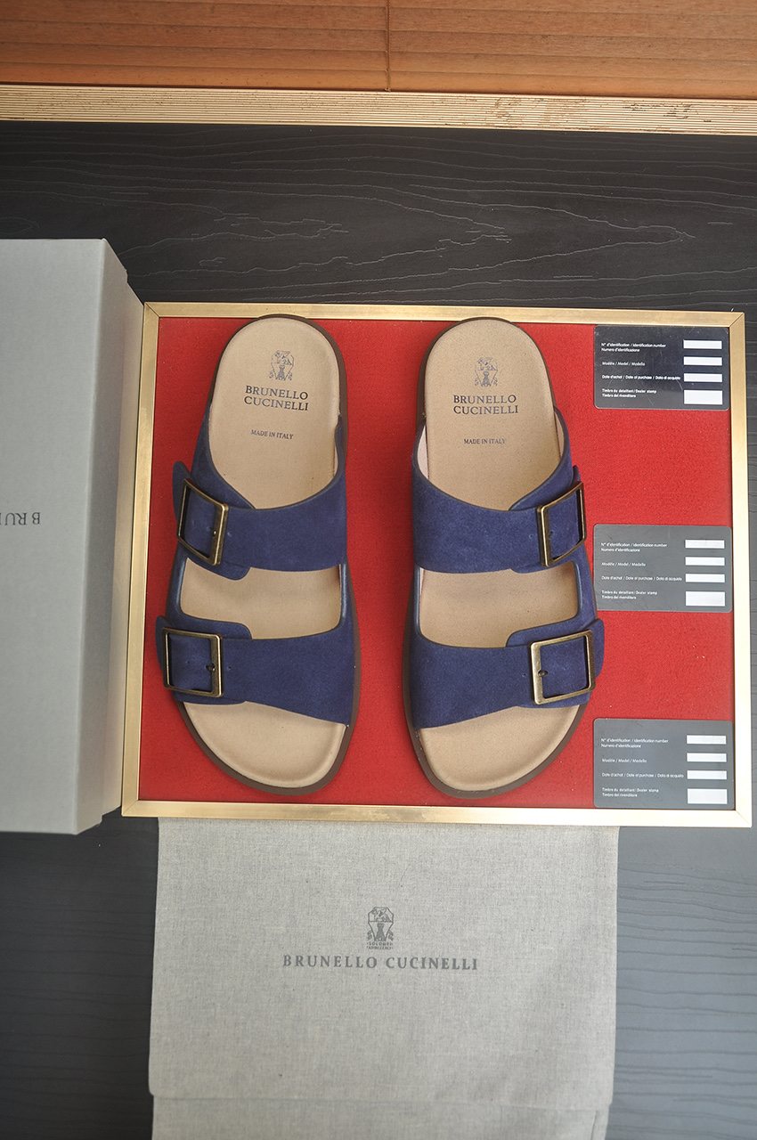 Brunello Cucinelli Tan Double-Buckle Slide Sandals — front
