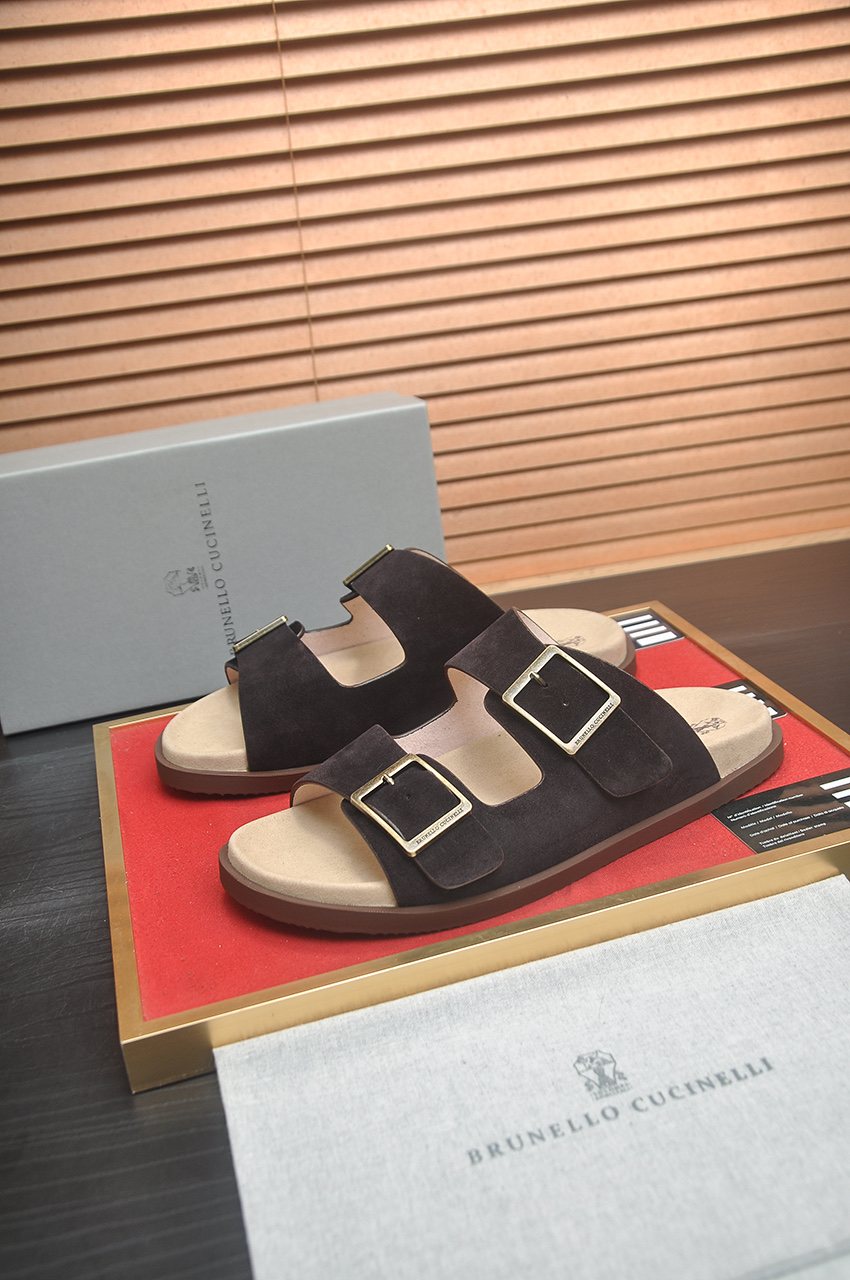 Brunello Cucinelli Tan Double-Buckle Slide Sandals — side