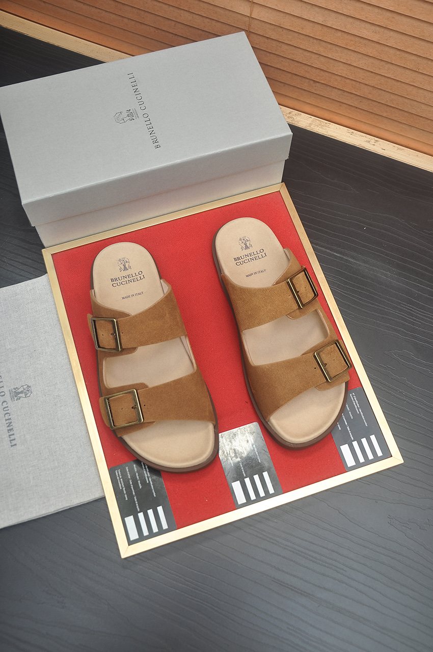 Brunello Cucinelli Tan Double-Buckle Slide Sandals — front
