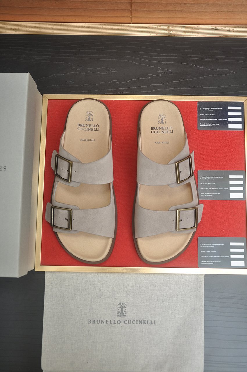 Brunello Cucinelli Tan Double-Buckle Slide Sandals — front