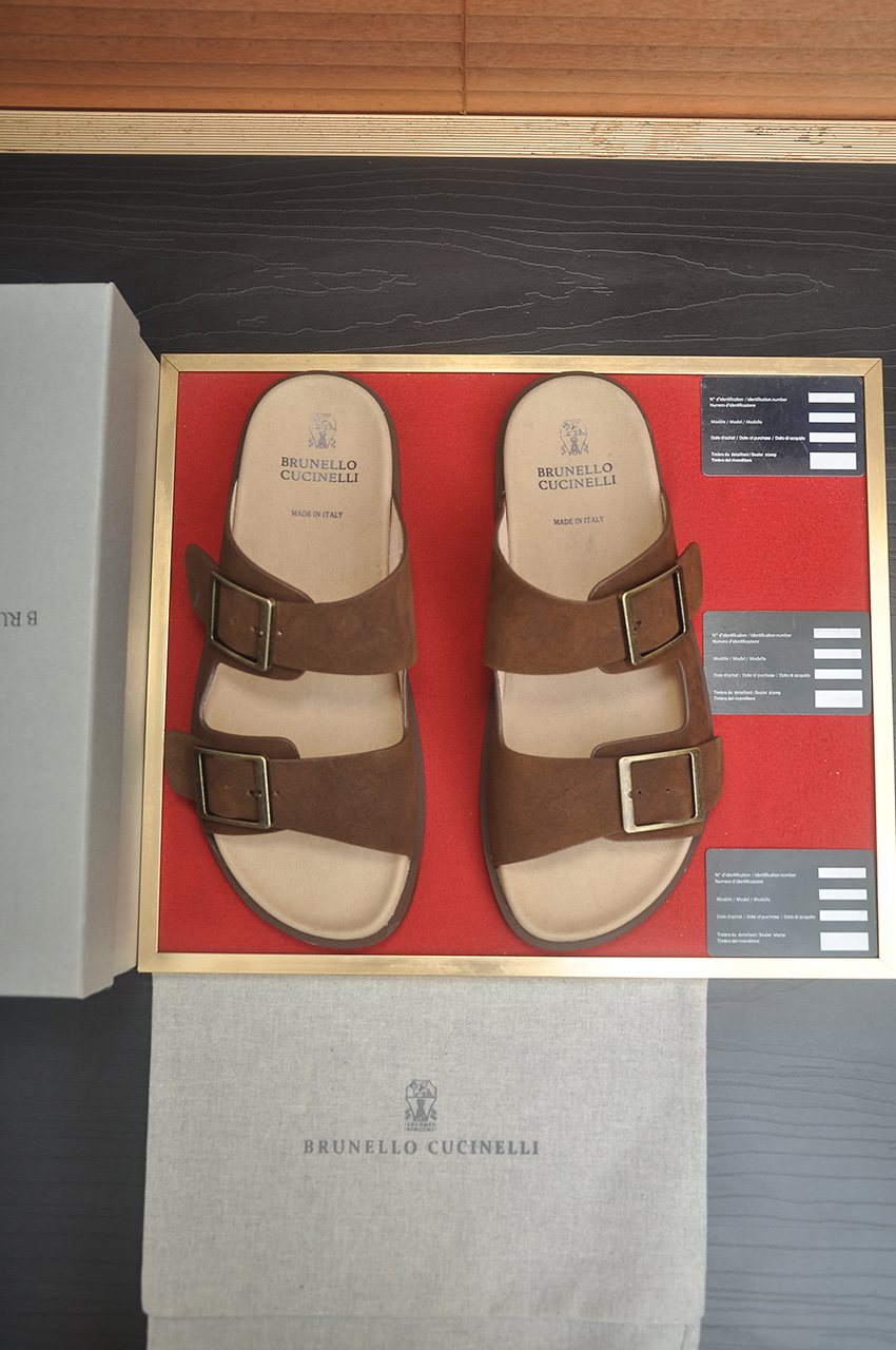 Brunello Cucinelli Tan Double-Buckle Slide Sandals — front