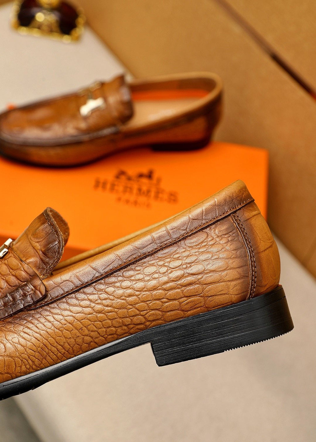 Hermès Textured Metal-Hardware Loafers — detail