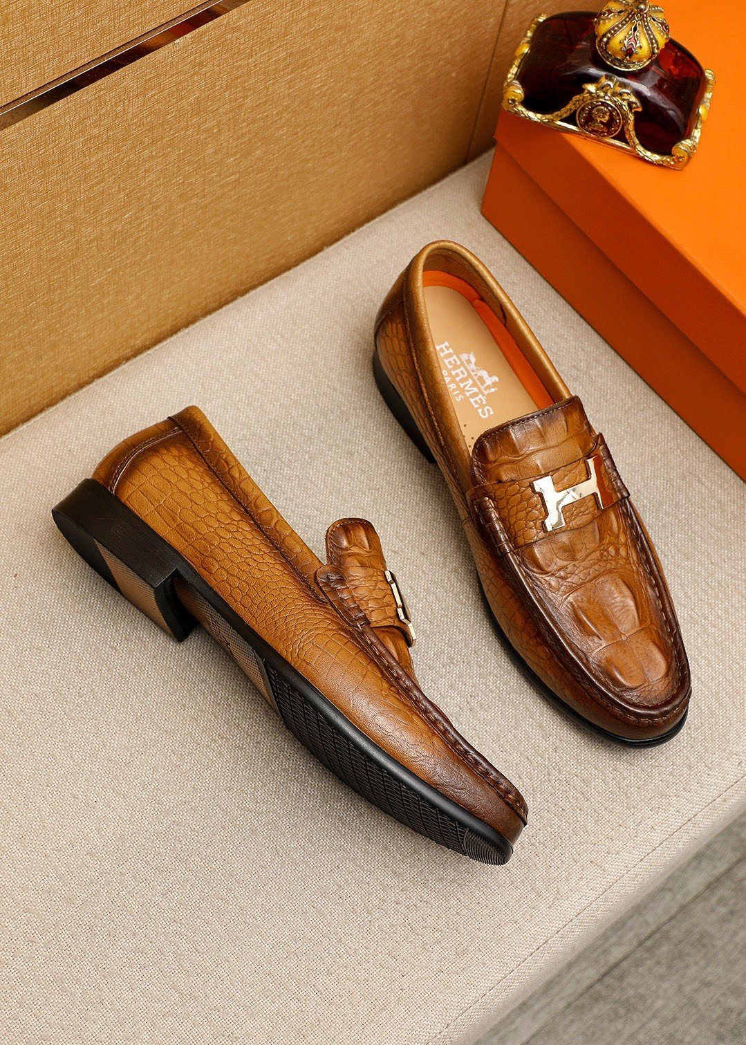 Hermès Textured Metal-Hardware Loafers — side