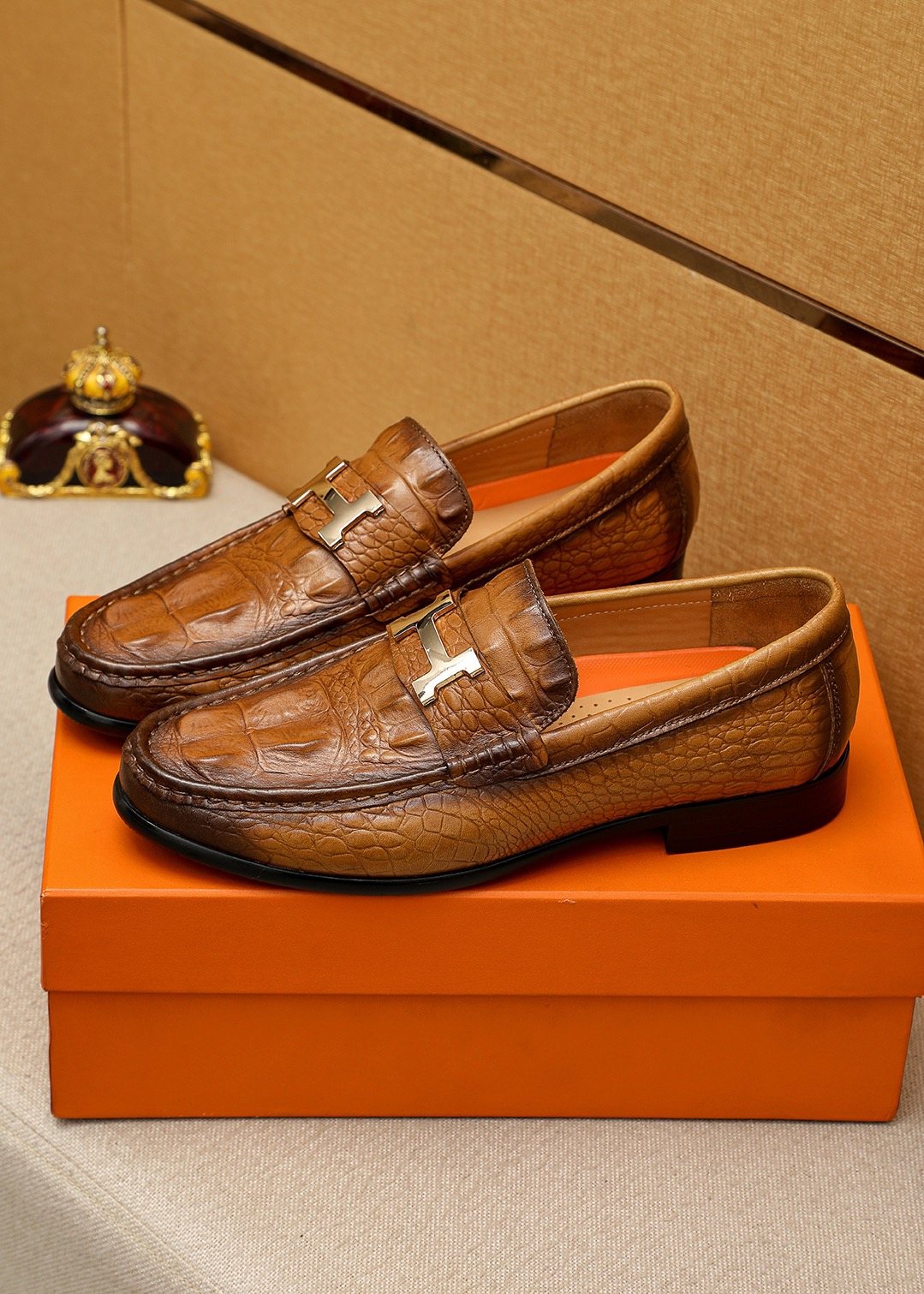 Hermès Crocodile-Embossed H-Hardware Loafers — front