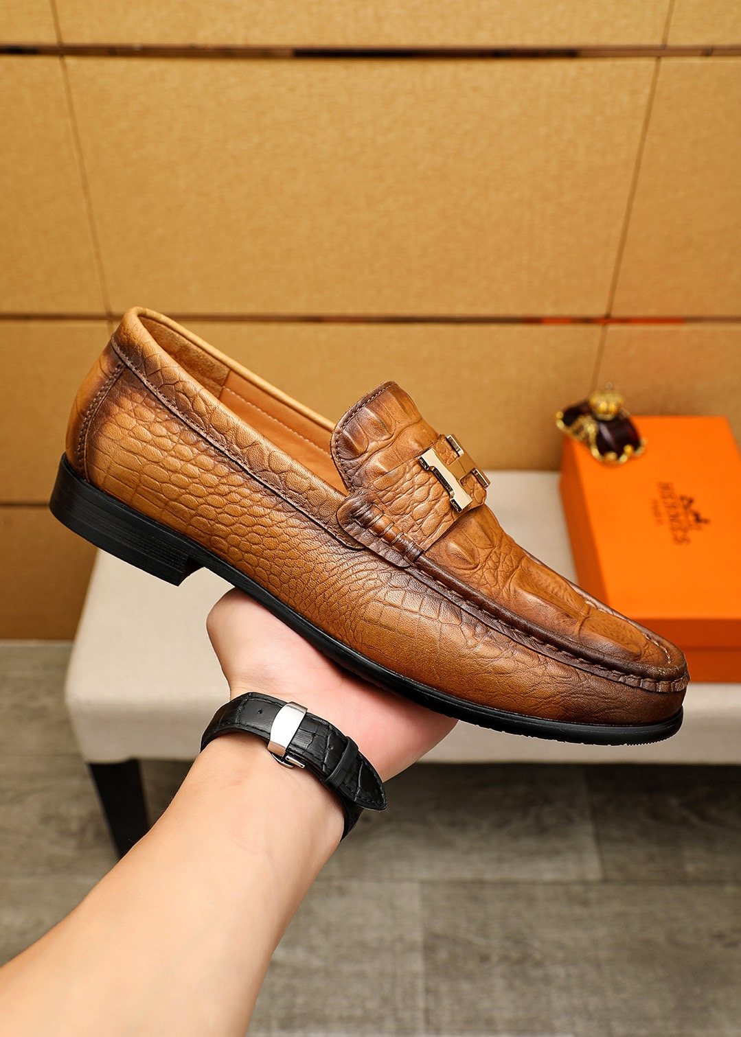 Hermès Textured Metal-Hardware Loafers — model