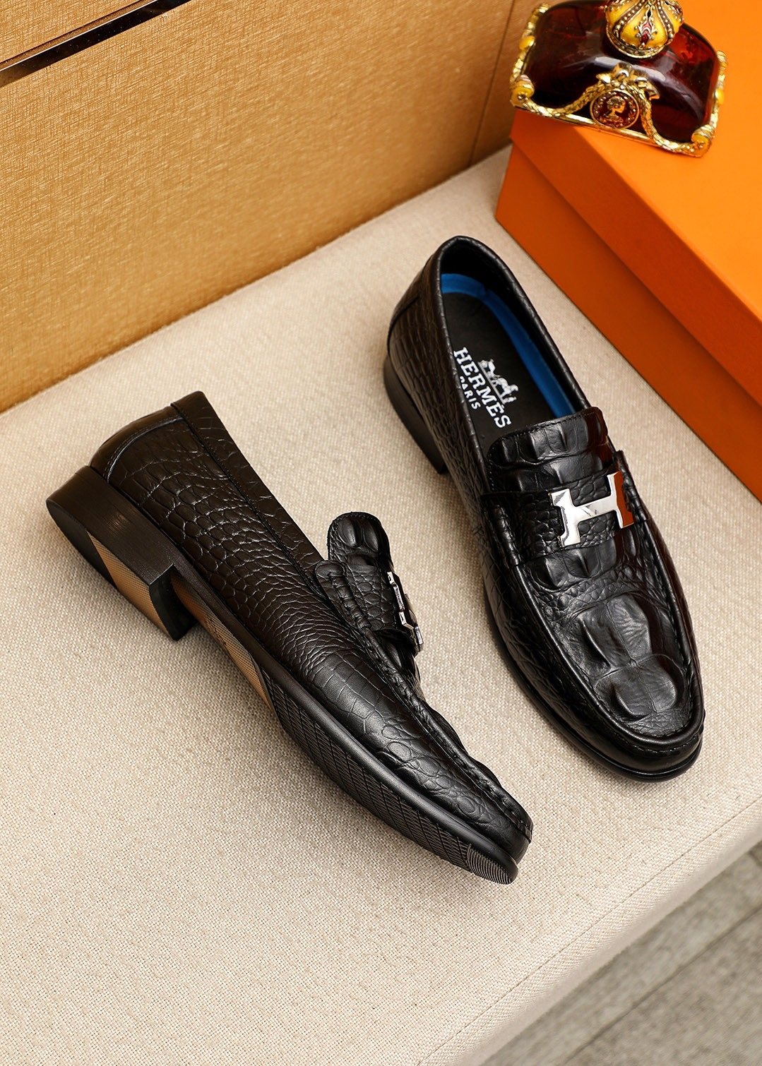 Hermès Textured Metal-Hardware Loafers — front