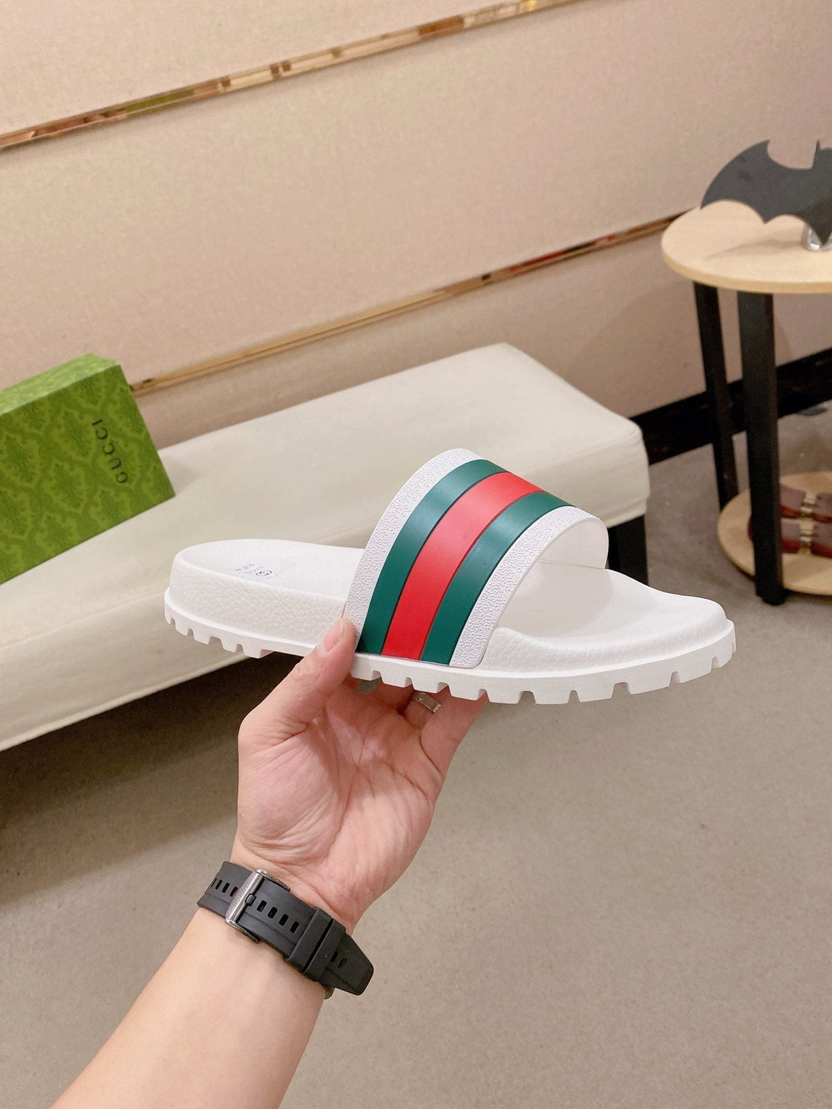 Gucci Green-Red Stripe Slide Sandals — side