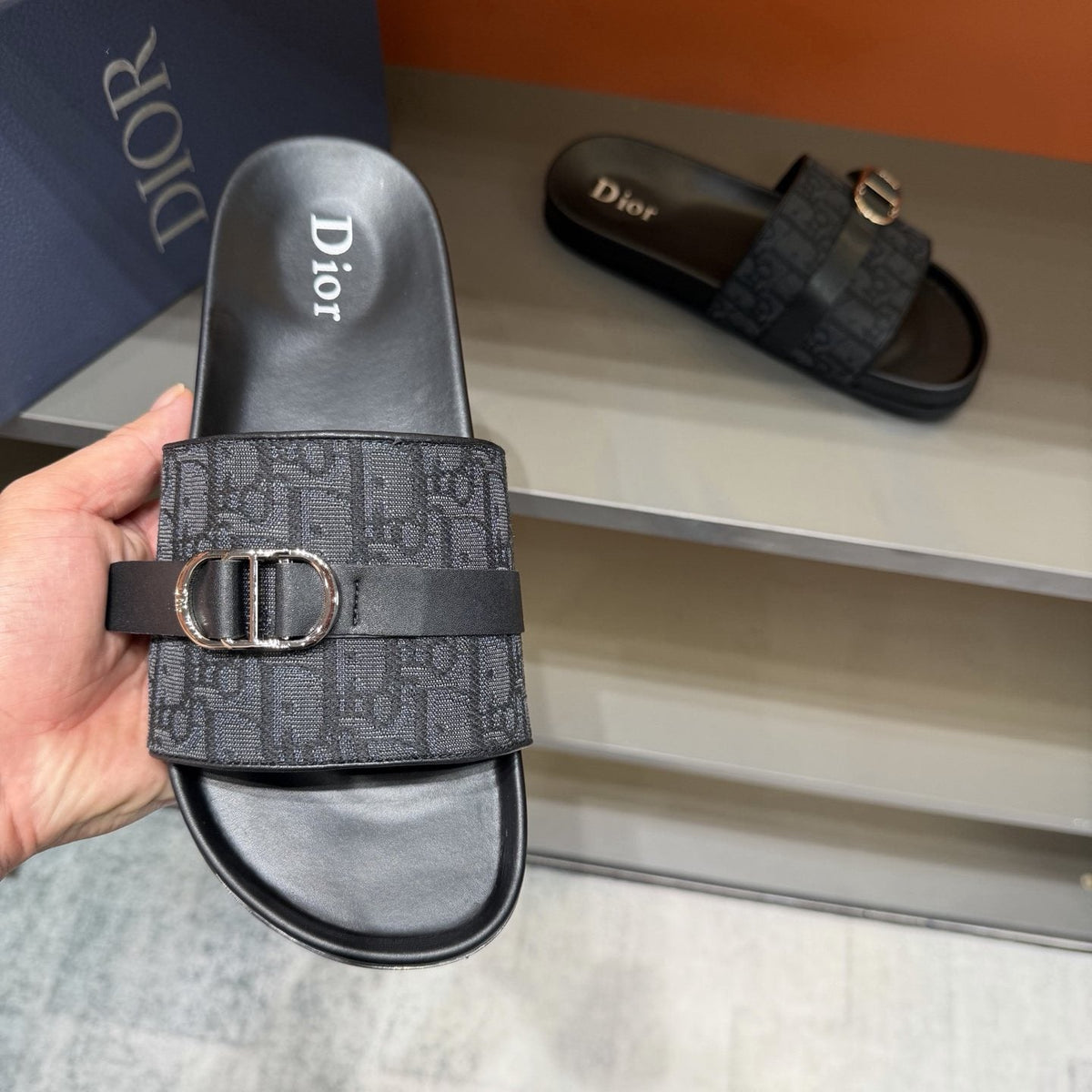 Dior Blue-Gray Pattern Slide Sandals — front
