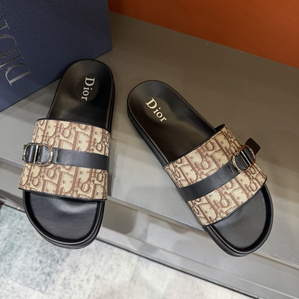 Dior Blue-Gray Pattern Slide Sandals — side