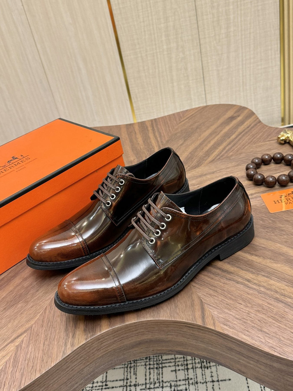 Hermès Polished Leather Lace-Up Dress Shoes — side