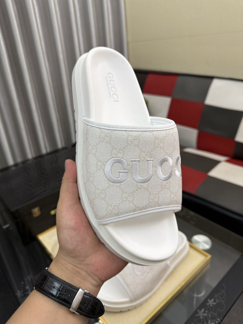 Gucci Logo Strap Slide Sandals — model