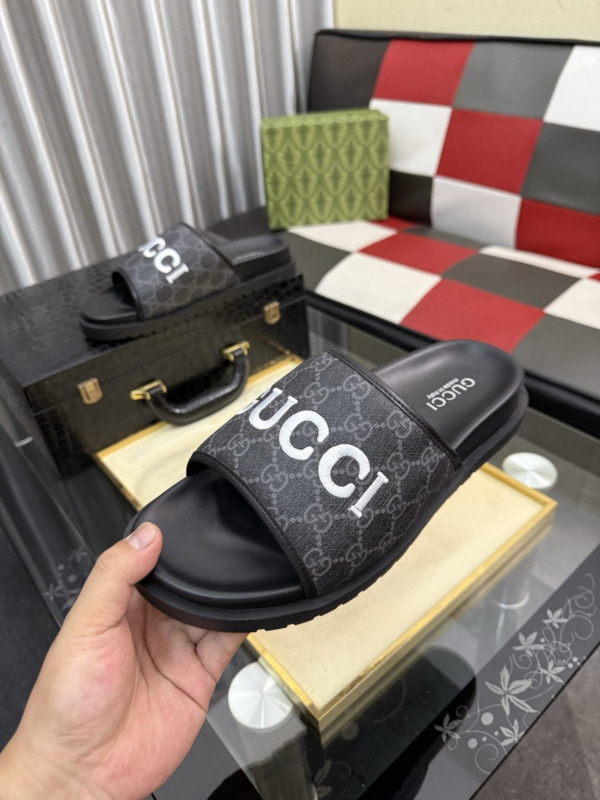 Gucci Logo Strap Slide Sandals — model