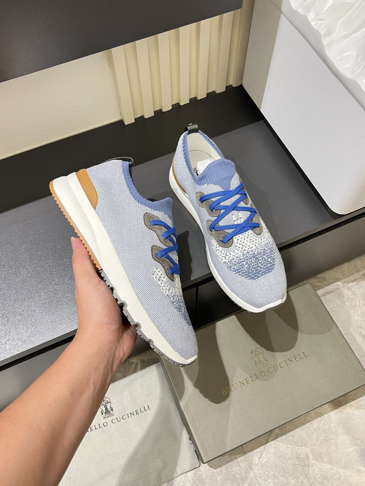 Brunello Cucinelli Color-Block Knit Sneakers — model