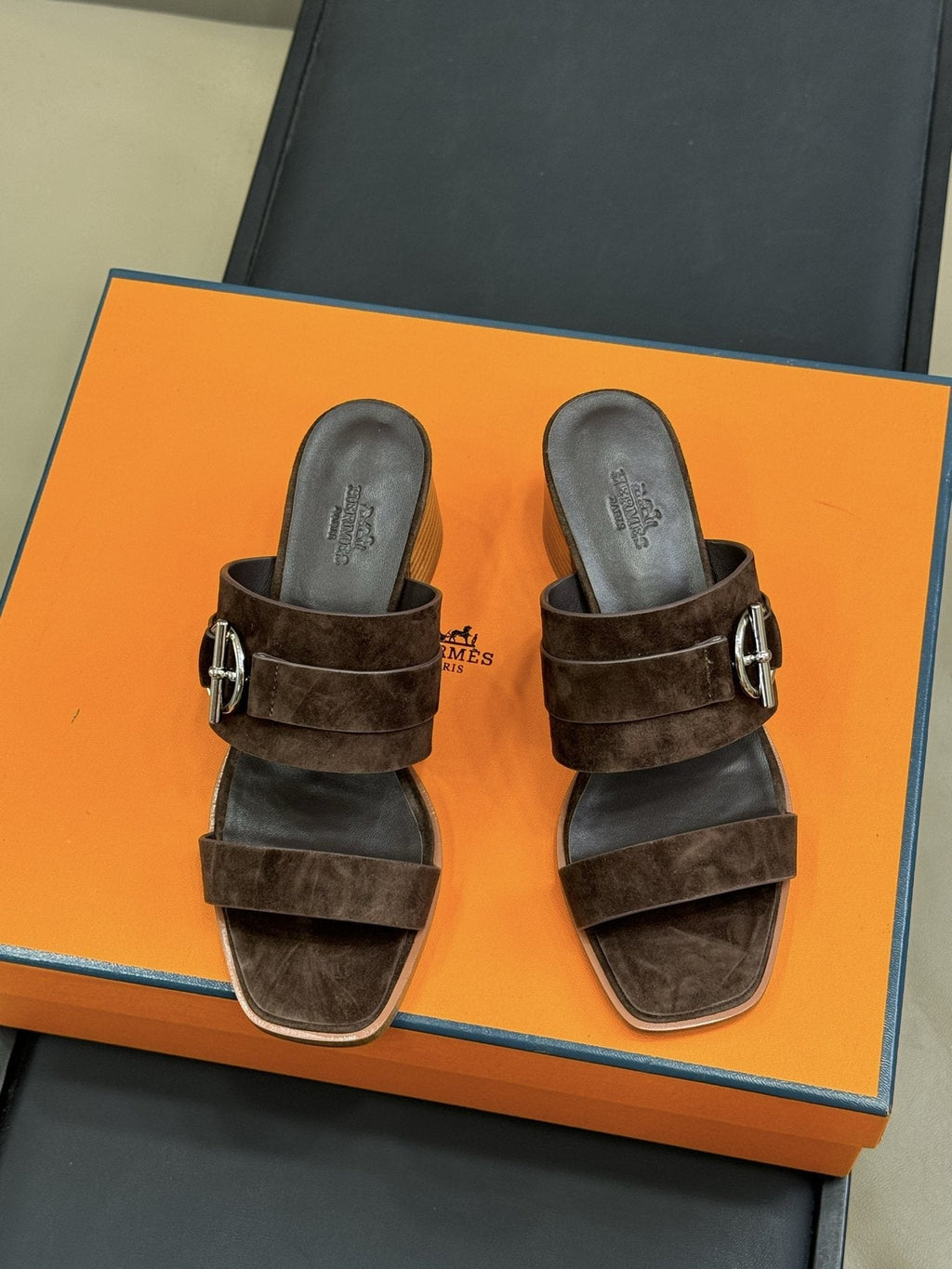 Hermès Kute Buckle Block-Heel Slide Sandals — front