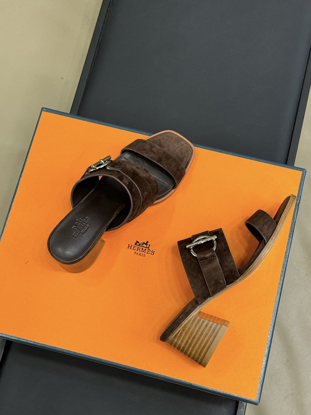 Hermès Kute Buckle Block-Heel Slide Sandals — side