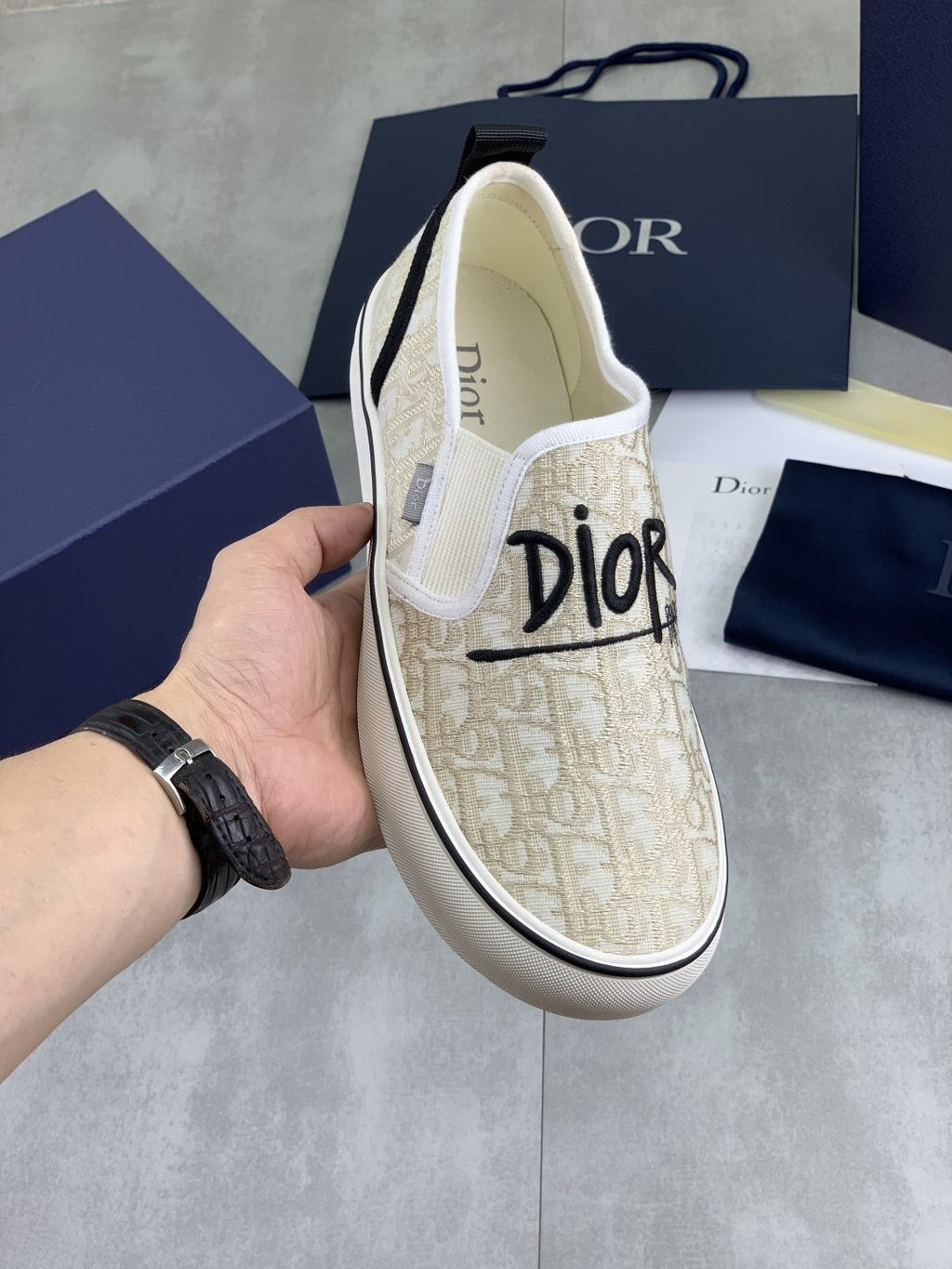 Dior Ivory Canvas Slip-On Sneakers — front