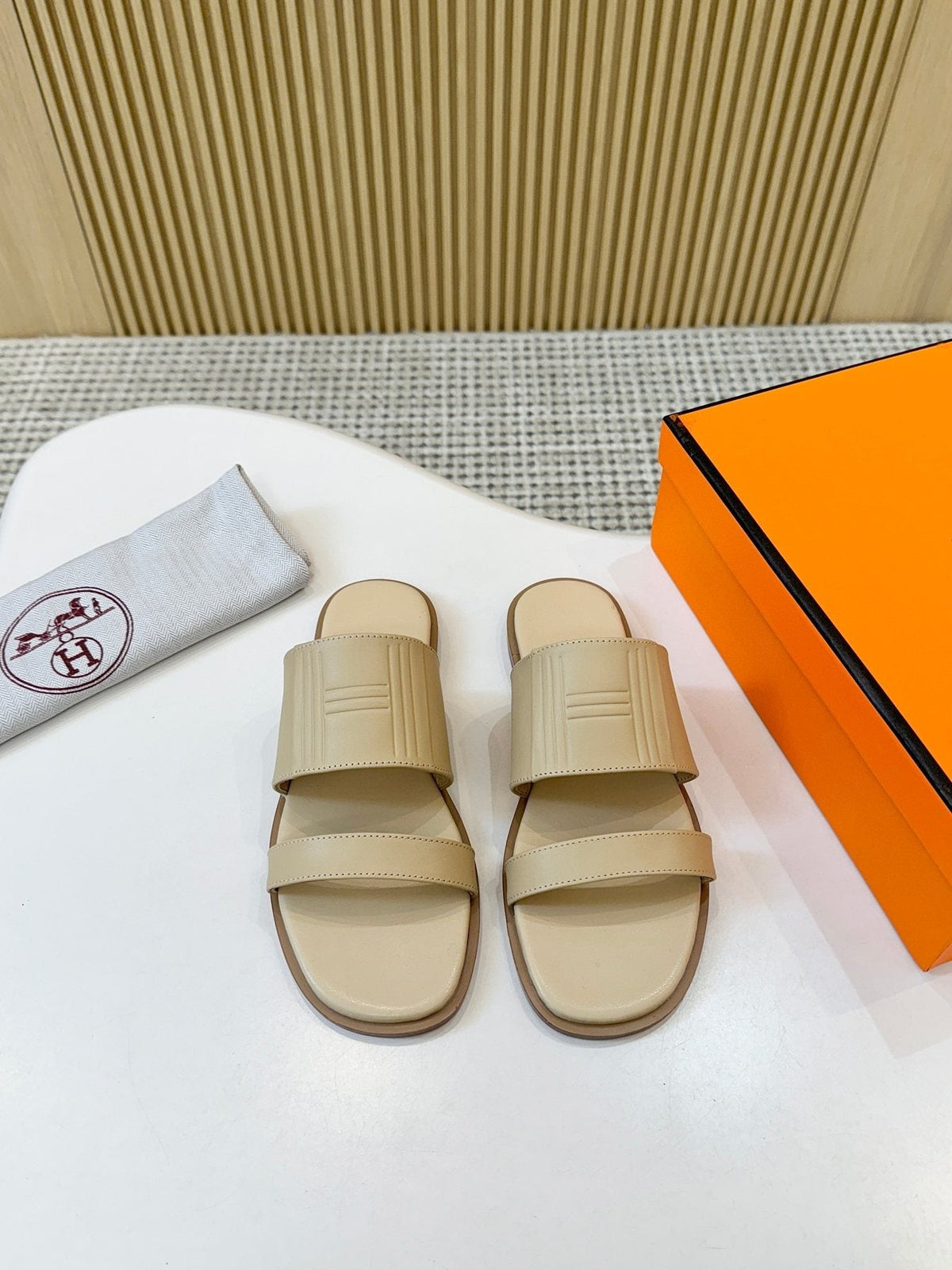 Hermes Ribbed Two-Strap Slide Sandals — front